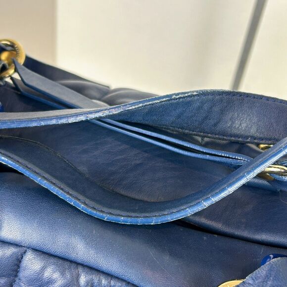 Stuart Weitzman Blue Quilted Shoulder Bag Tote Chain Strap Studded Leather Purse - Picture 13 of 16